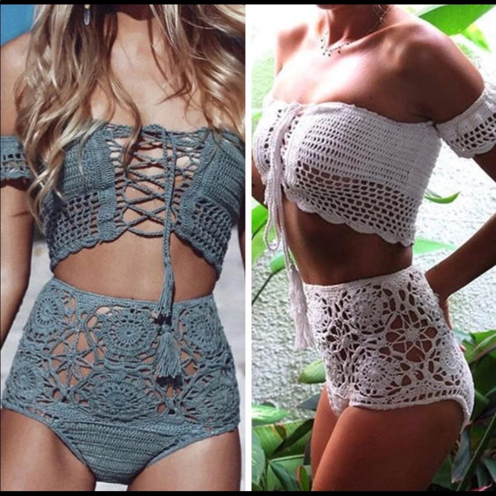 rave Crochet High-Waist Bikini Set in Gray and White